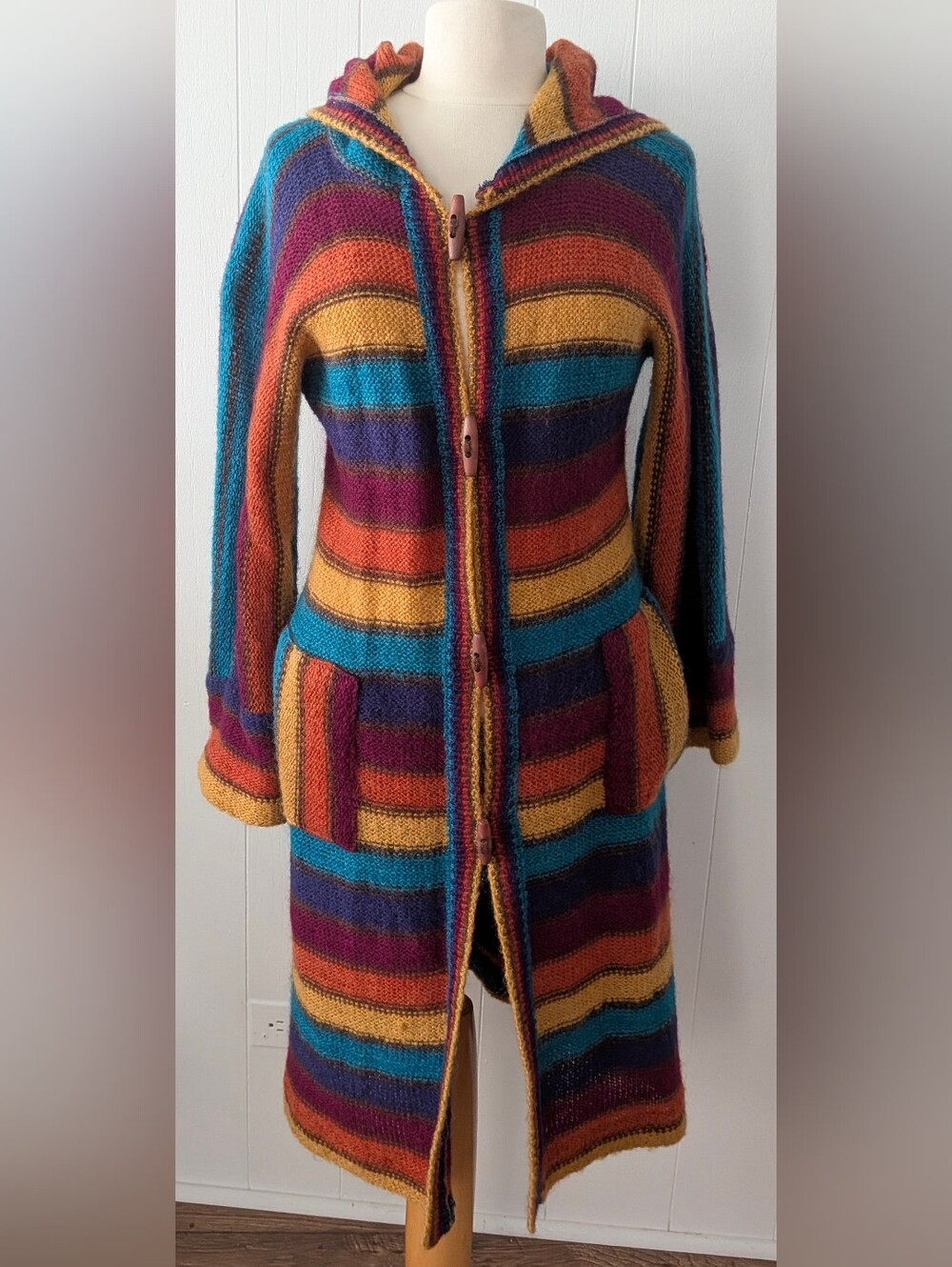 Vtg 1970s Rainbow Striped Duster Hooded Cardigan Renée Tener for Outlander Sz S